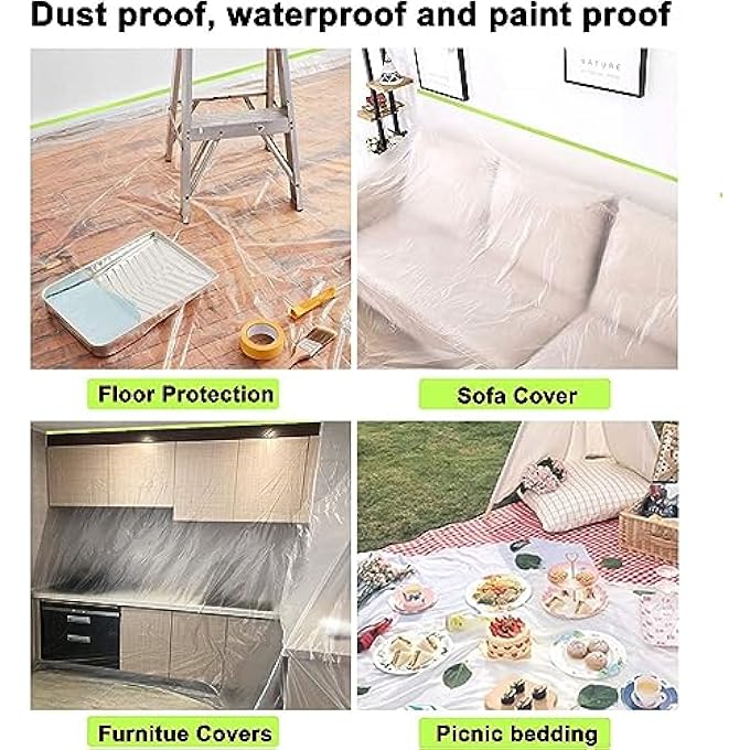 REVHQ PRE-TAPED MASKING FILM PAINTERS PLASTIC SHEETING ROLL, CLEAR DROP CLOTHS FOR PAINTING, AUTOMOTIVE APPLIANCE COVER (3 ROLL, 82FT PER ROLL) - Image 4